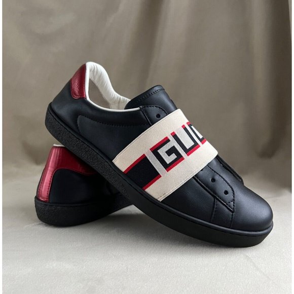 GUCCI ACE MENS BLACK LEATHER SNEAKER 5.5 - Picture 1 of 11